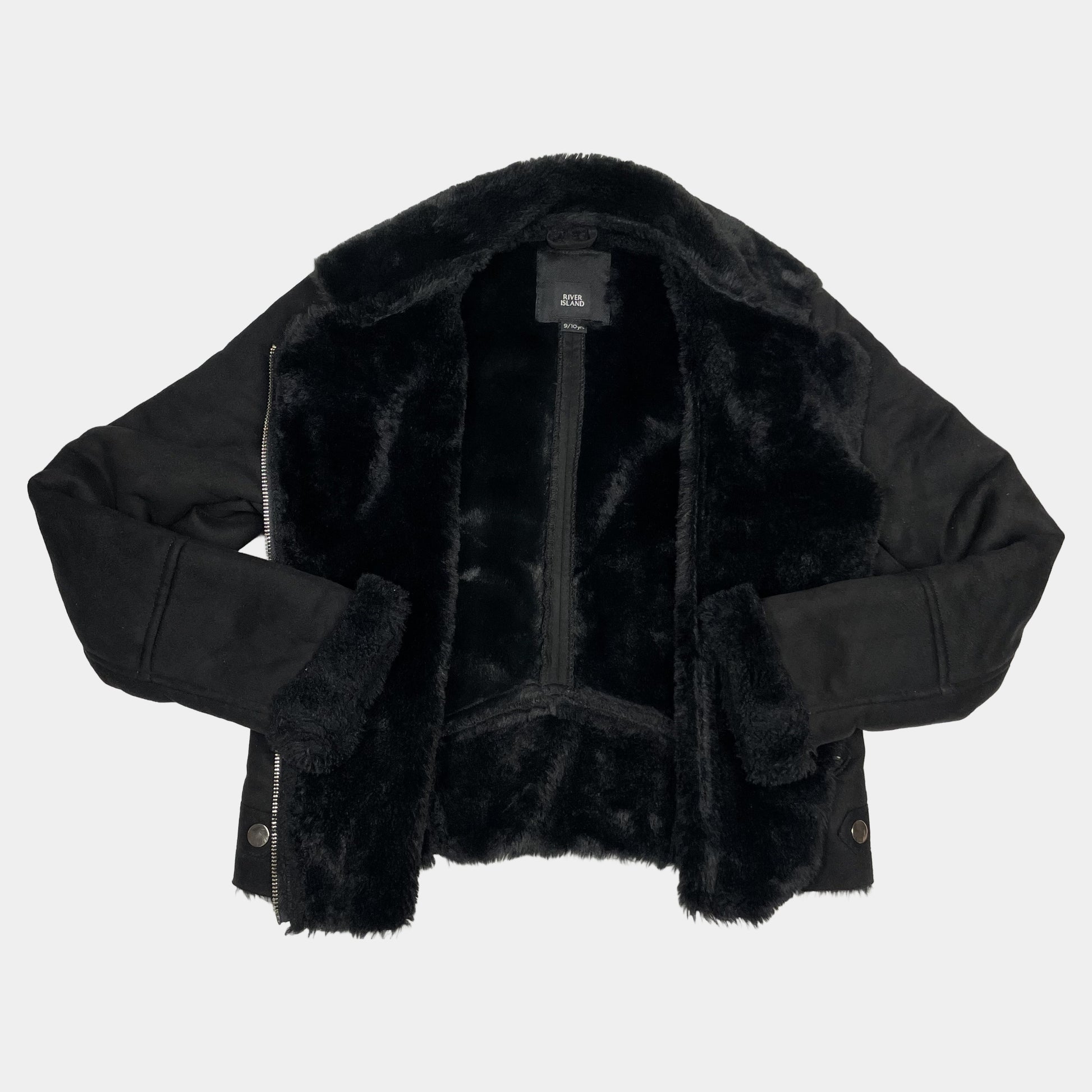 Schwarze Kunstfelljacke mit Reißverschluss von River Island, Größe 9/10 Jahre – inside
