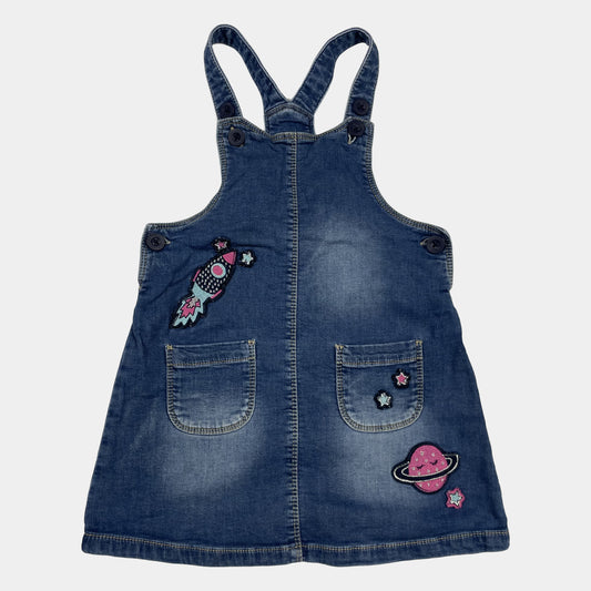 Blaues Denim Latzkleid mit Weltraummotiven – front