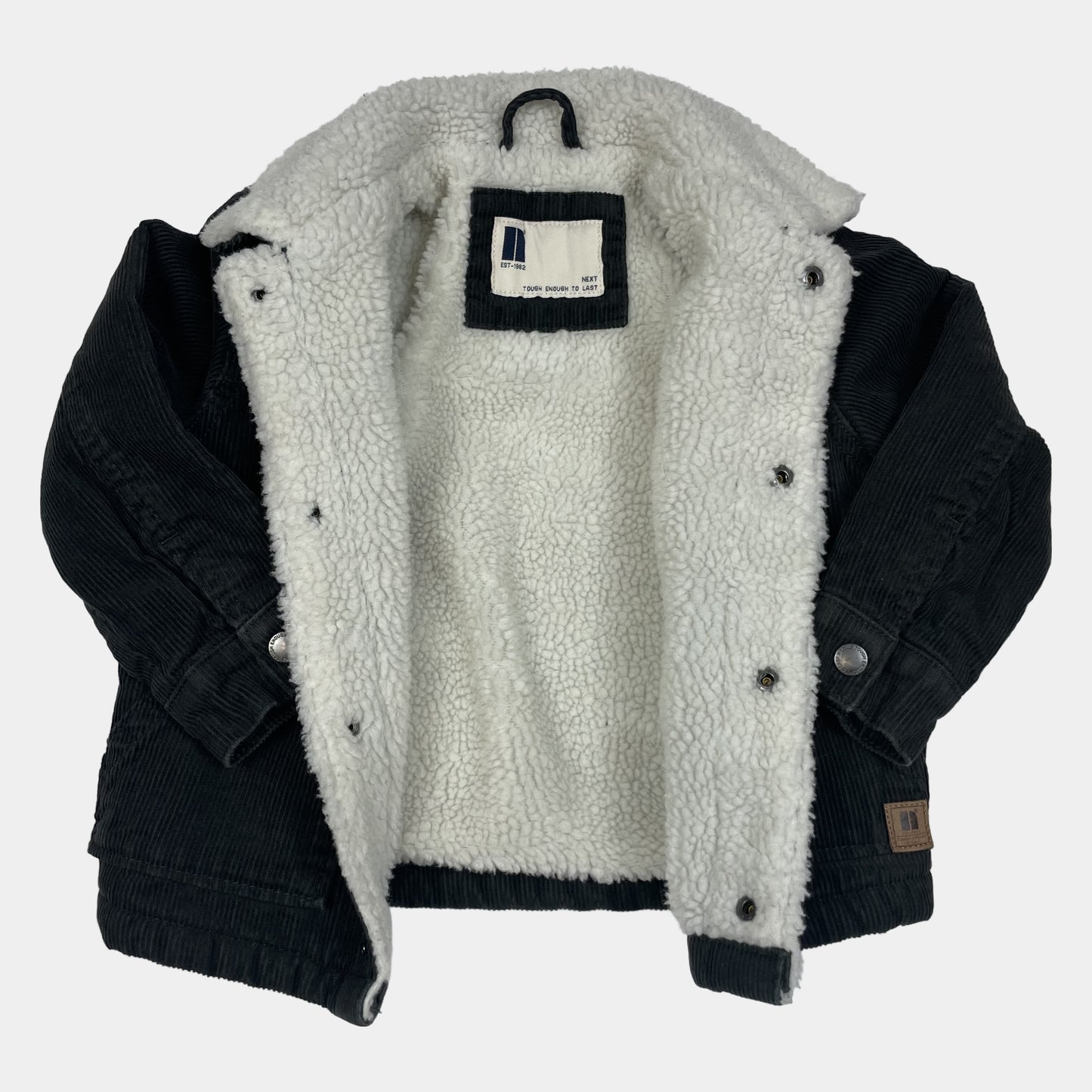 Dunkelgrüne Cordjacke mit Teddyfell-Kragen und Druckknöpfen, Größe 2–3 Jahre – inside