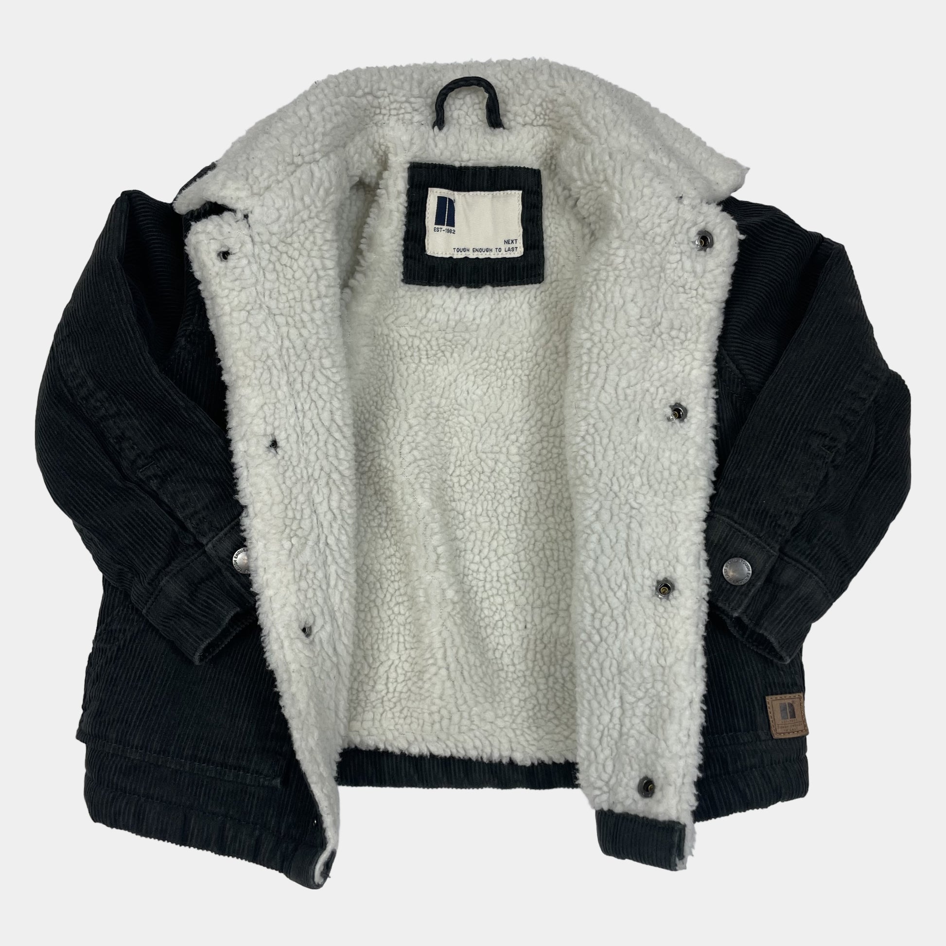 Dunkelgrüne Cordjacke mit Teddyfell-Kragen und Druckknöpfen, Größe 2–3 Jahre – inside