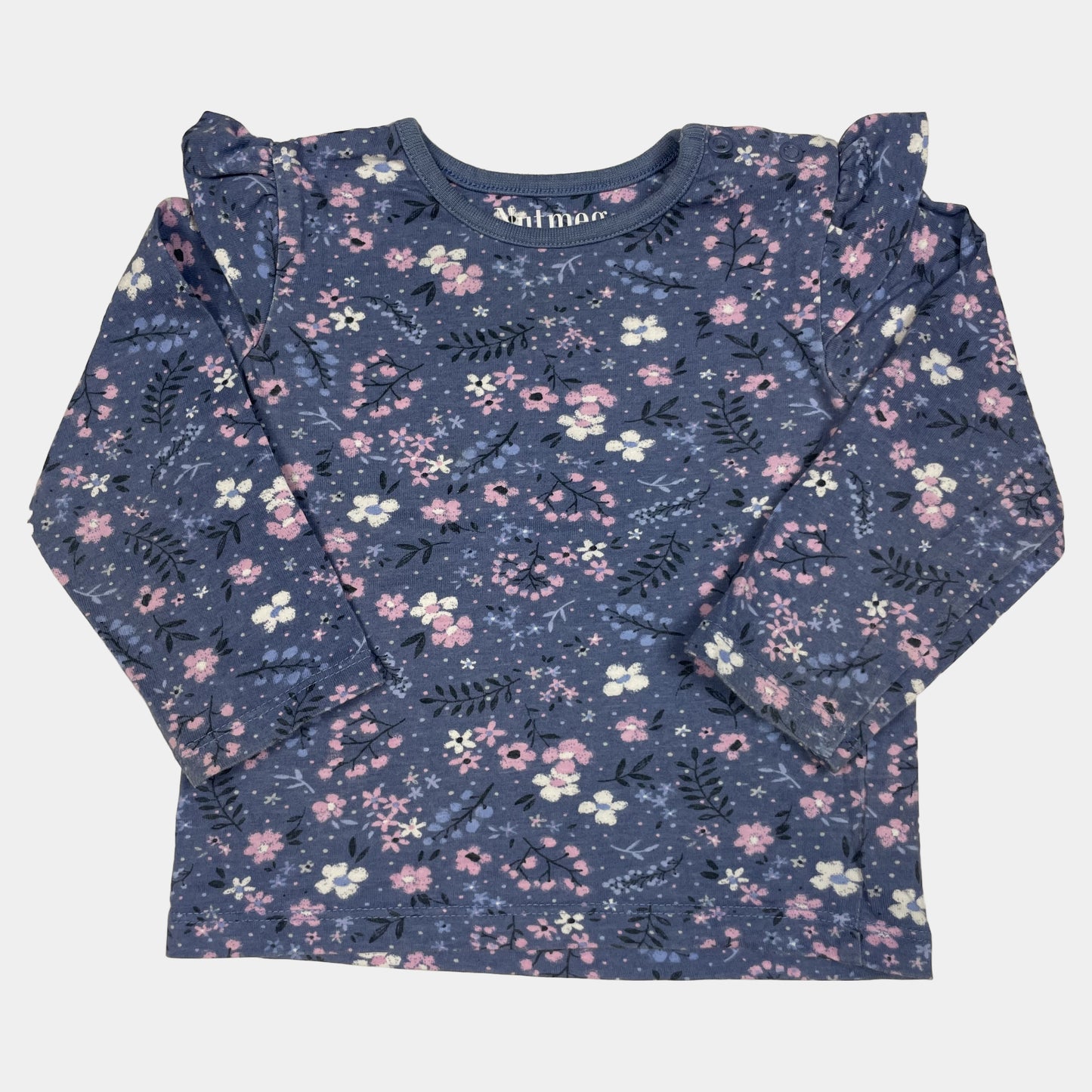 Blaues Langarmshirt mit buntem Blumenmuster für Babys – front