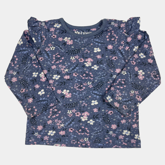 Blaues Langarmshirt mit buntem Blumenmuster für Babys – front