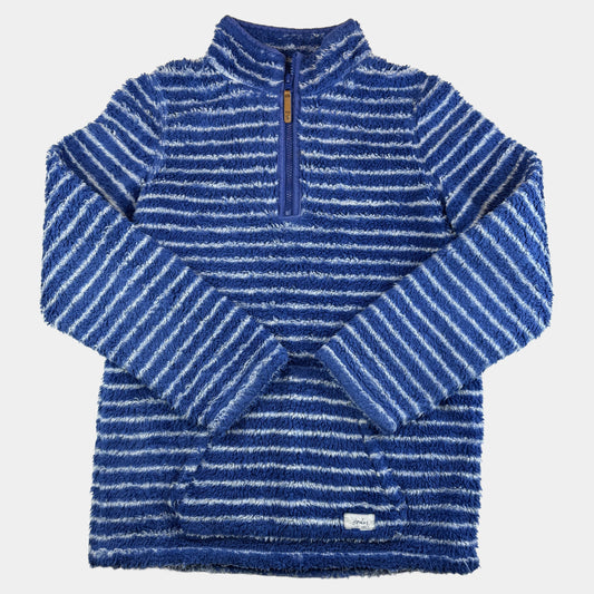 Blauer Fleece-Pullover mit weißen Streifen und kurzem Reißverschluss – front