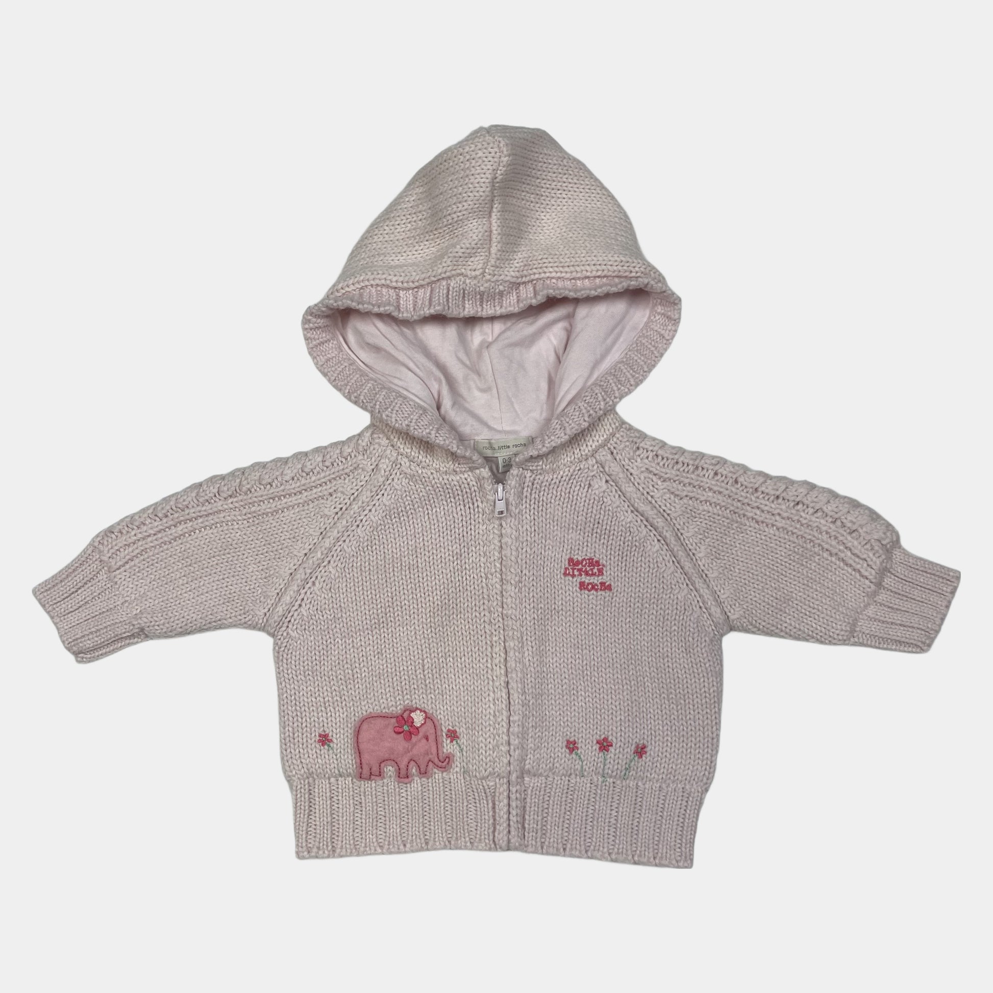 Rosa Strickjacke für Babys mit Elefantenmotiv und Kapuze – front