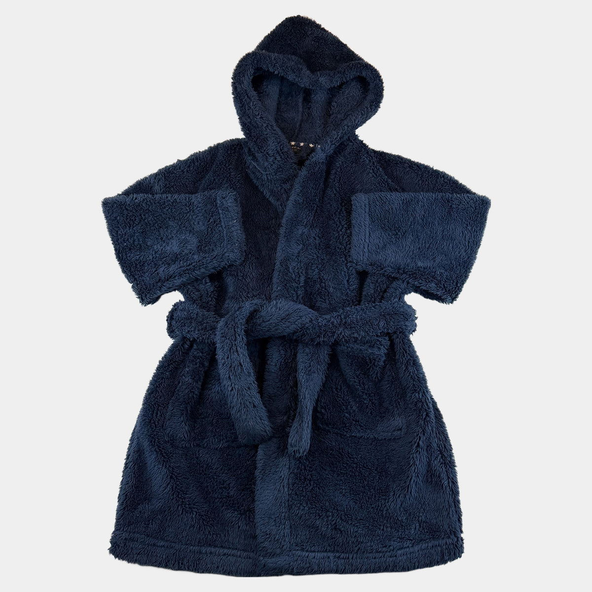 Blauer Kinder-Bademantel aus Fleece mit Kapuze, Bindegürtel und Taschen (Next), Größe 104 – front