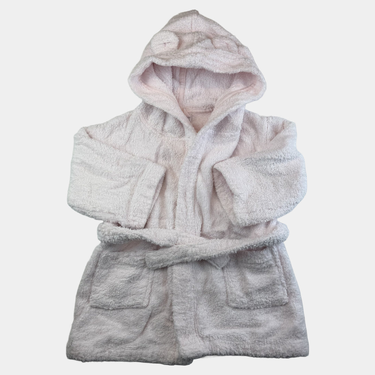 Hellrosa Frottee-Bademantel mit Kapuze, Bindegürtel und Taschen – front