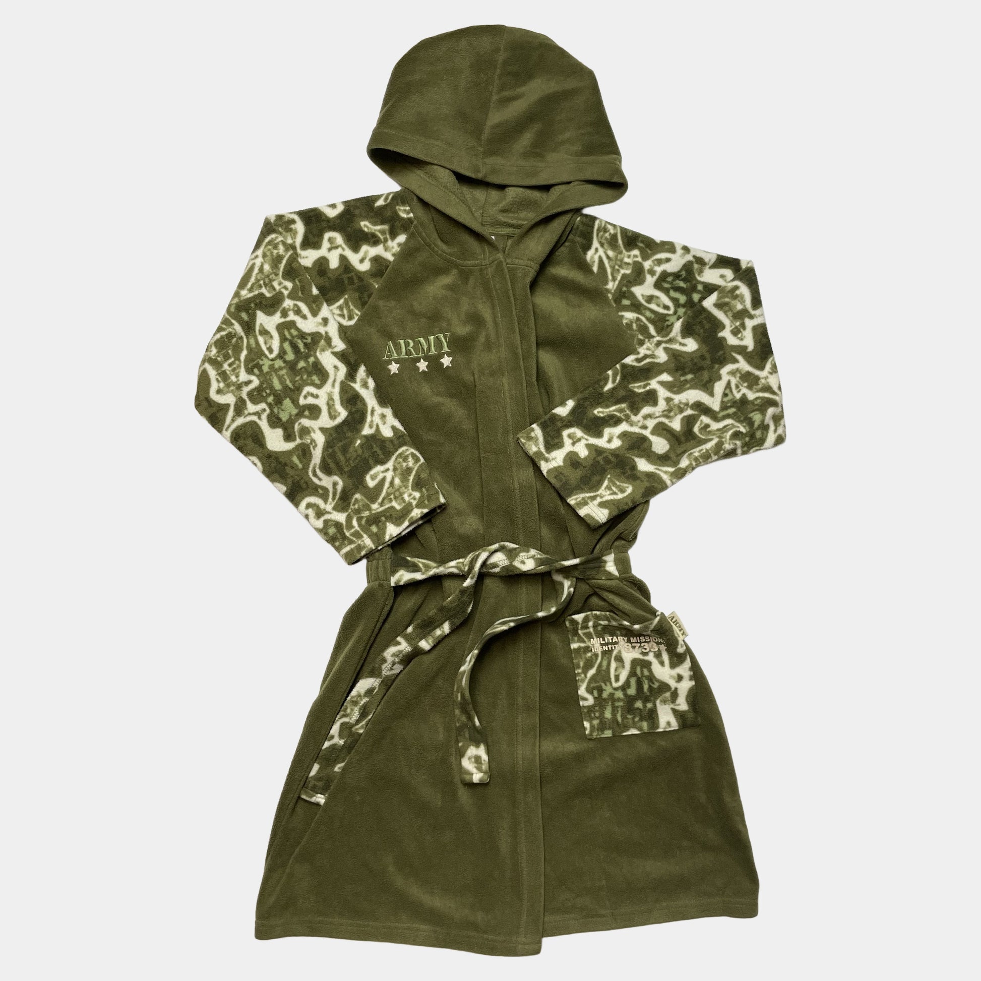 Grüner Bademantel mit Armee-Muster und Kapuze in Größe 12–13 Jahre. – front