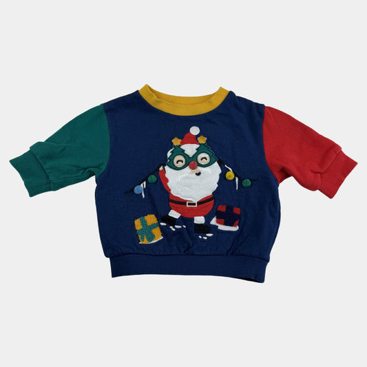 Mehrfarbiges Baby-Sweatshirt mit Weihnachtsmann-Applikation und farbigen Ärmeln – front