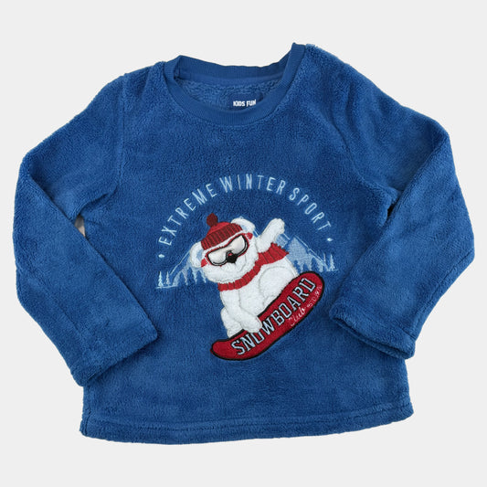 Blauer Kinder-Fleece-Pullover mit Eisbär-Snowboard-Stickerei – front