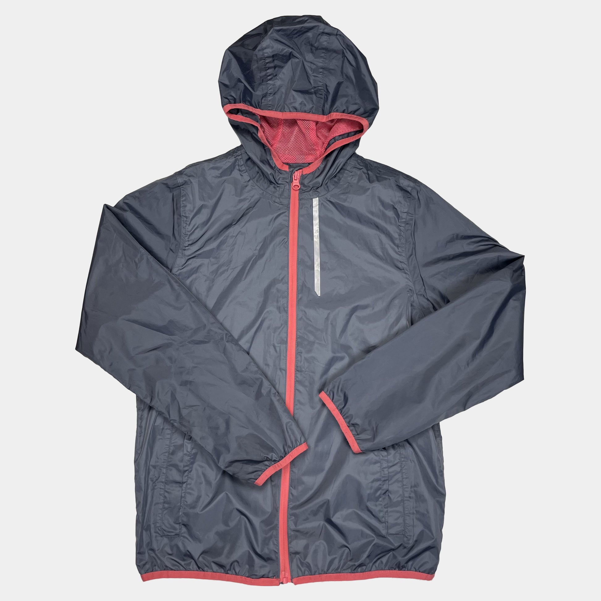 Graue Polyester-Jacke mit rosa Details und Kapuze – front