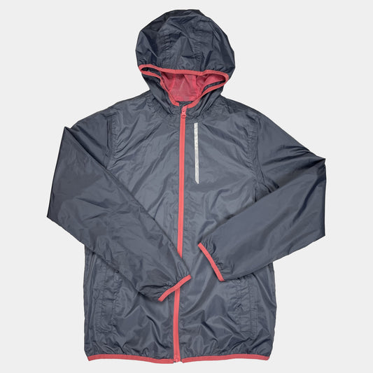 Graue Polyester-Jacke mit rosa Details und Kapuze – front