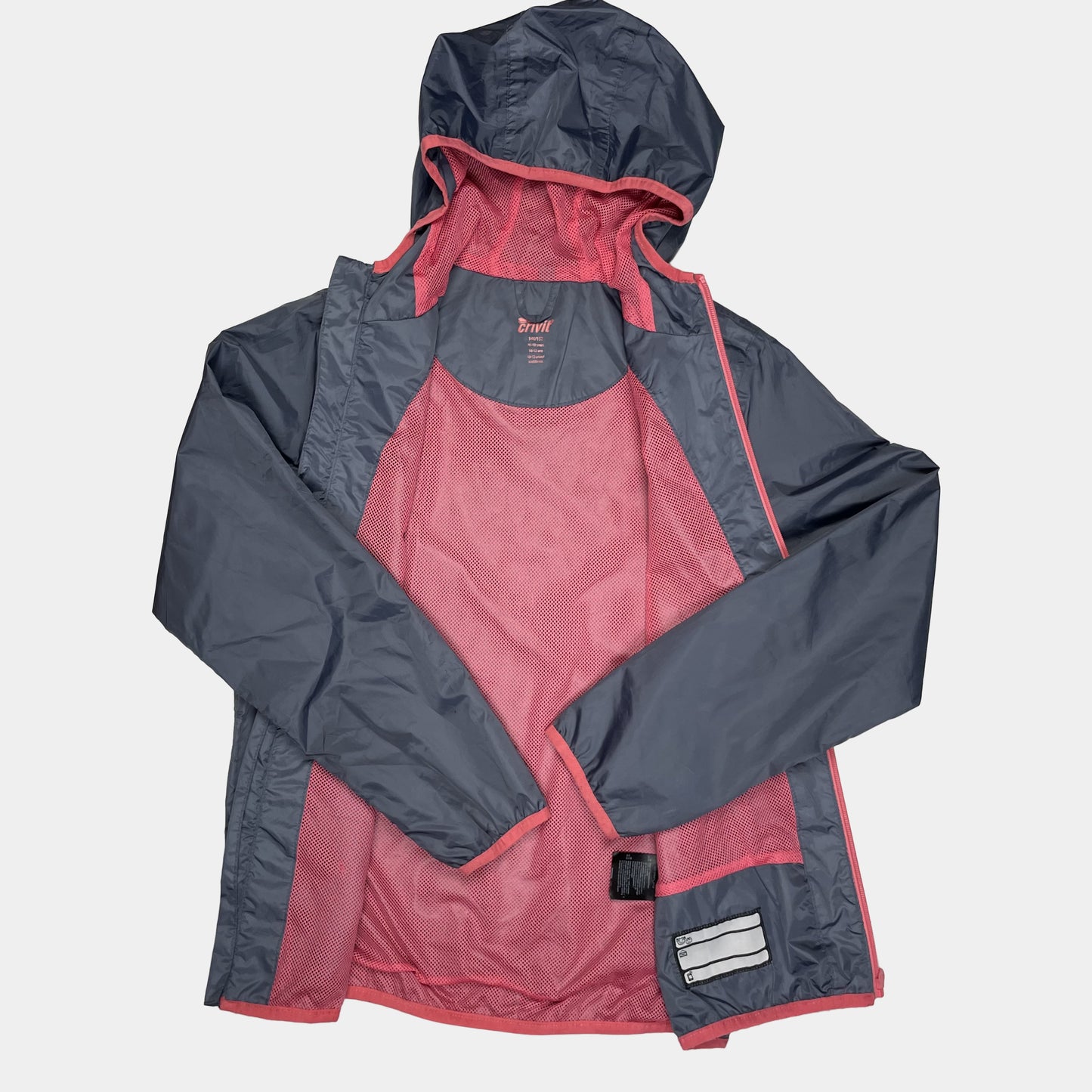 Graue Polyester-Jacke mit rosa Details und Kapuze – inside