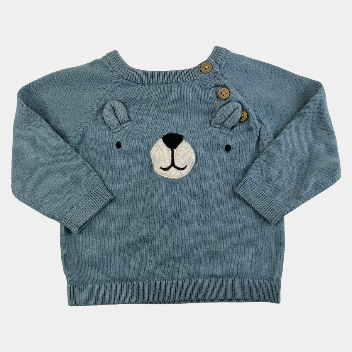 Blauer Baby-Strickpullover mit Bärenmotiv und Knöpfen an der Schulter – front
