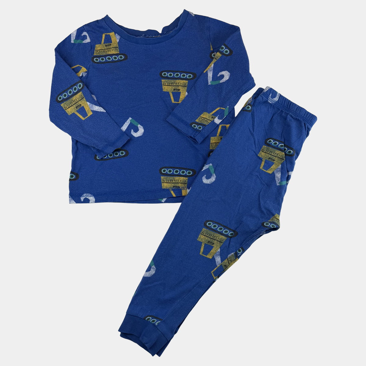 Blaues Schlafanzug-Set für Kinder mit Bagger-Print (George), Oberteil und Hose – front