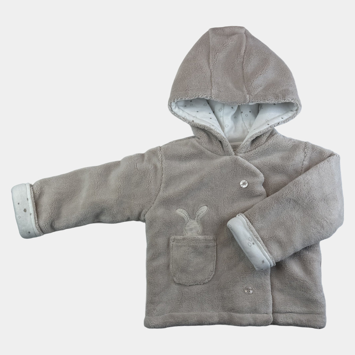 Graue Fleecejacke für Babys mit Kapuze, Knöpfen und Hasen-Applikation – front