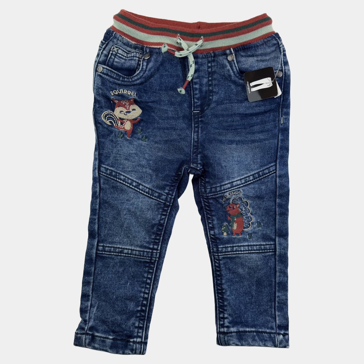 Blaue Baby-Jeans mit gestreiftem elastischem Bund und Gesäßtaschen – front