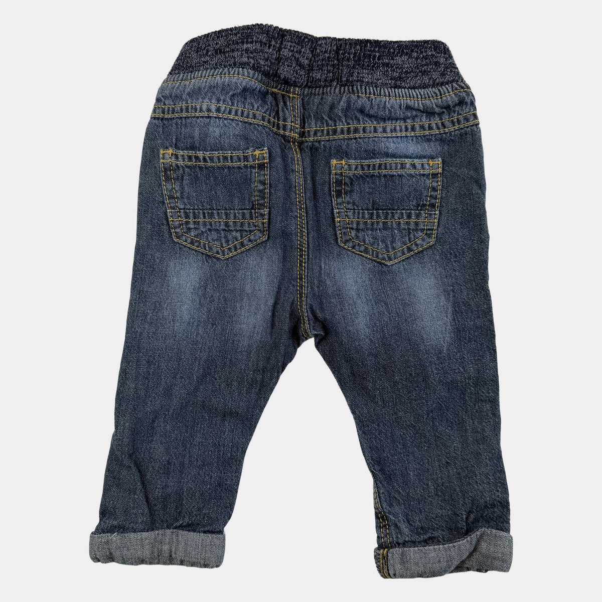Blaue Baby-Jeans mit elastischem Rippbund und Kordelzug, umgeschlagene Beinabschlüsse – back
