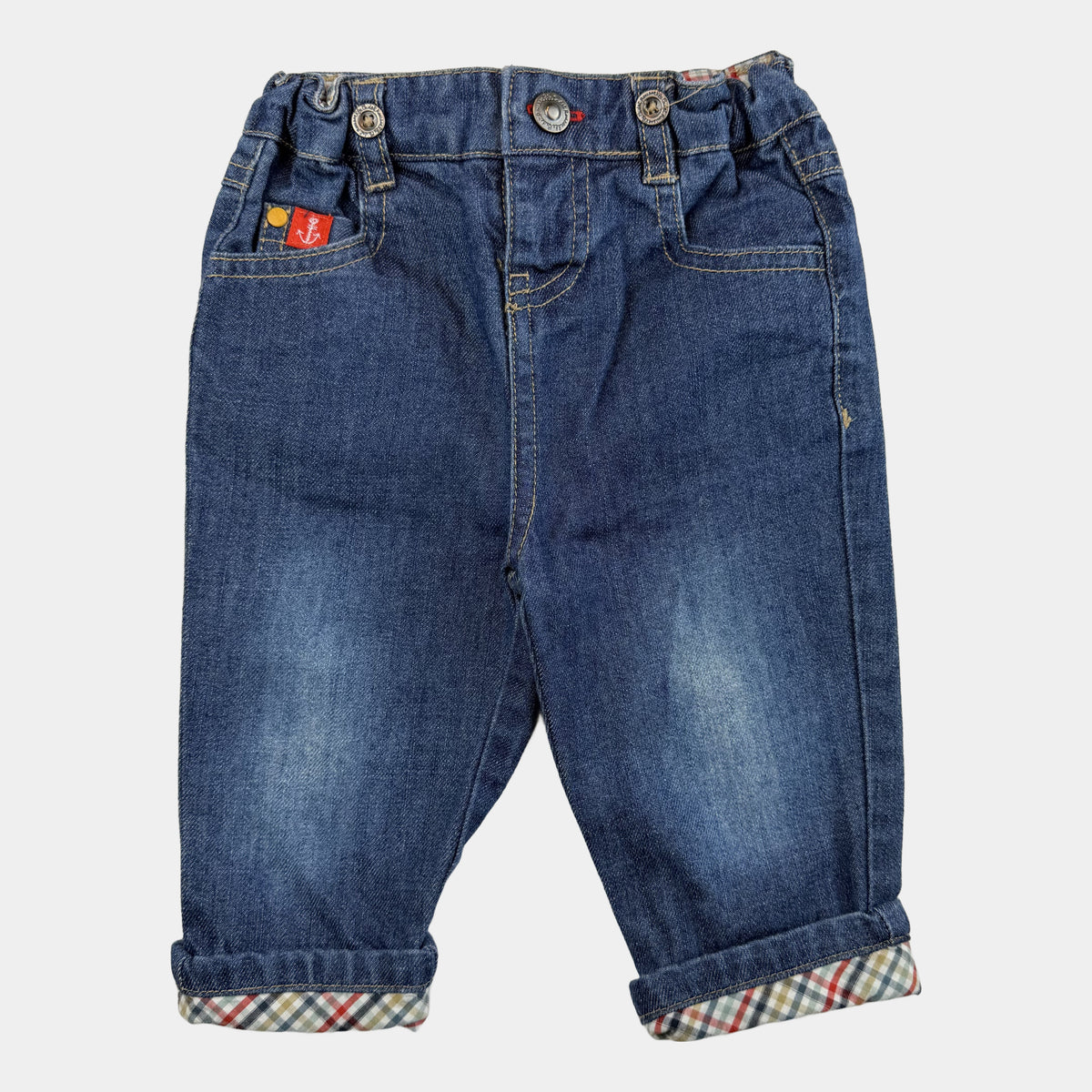Blaue Baby-Jeans aus Denim mit Umschlag und kariertem Innenstoff – front