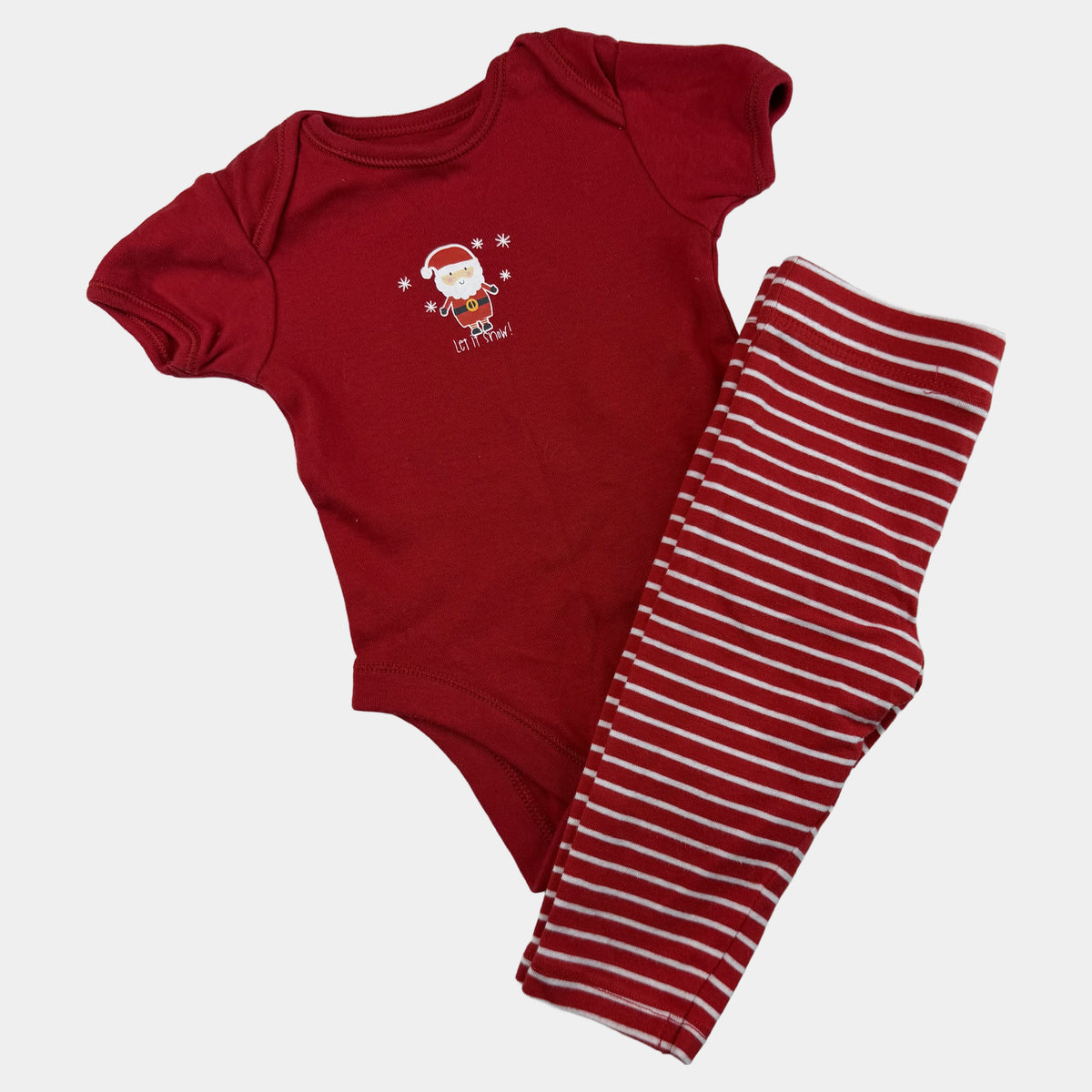 Rotes Baby-Set mit Kurzarmbody und gestreifter Leggings, Weihnachtsmann-Print – front