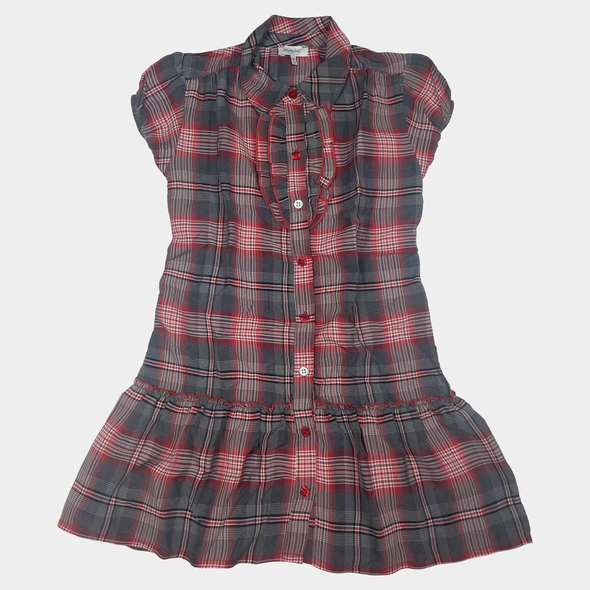 Kariertes Kleid mit kurzen Ärmeln in Grau und Rot – front
