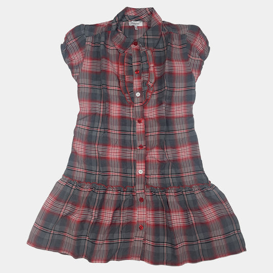 Kariertes Kleid mit kurzen Ärmeln in Grau und Rot – front
