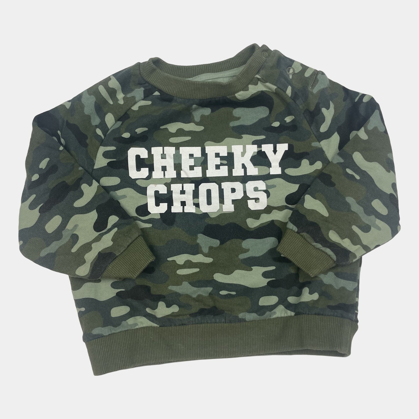 Camouflage Pullover mit Schriftzug 'CHEEKY CHOPS' – front
