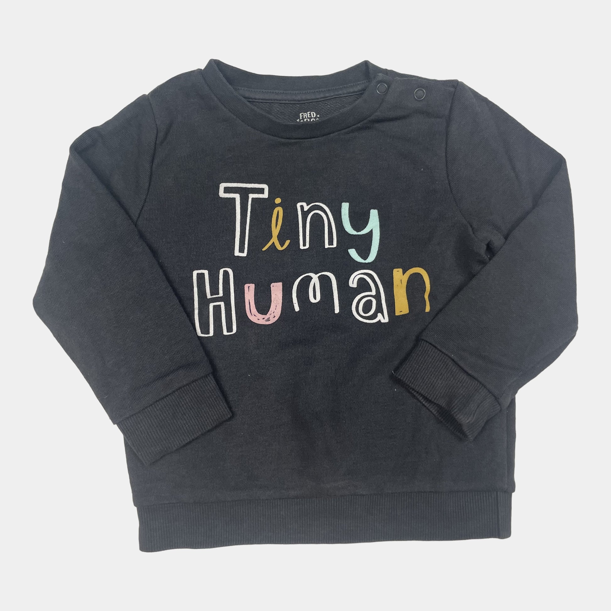 Grauer Pullover mit bunter `Tiny Human` Aufschrift auf der Vorderseite – front
