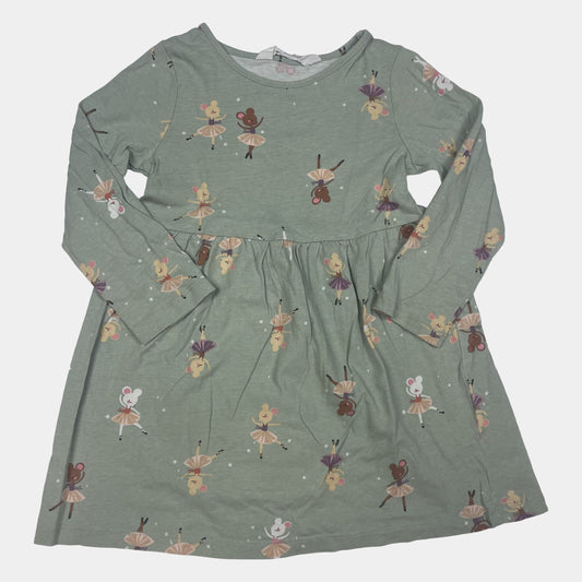 Grünes Baumwoll-Kleid mit Maus-Print und langen Ärmeln von H&M in Größe 98/104. – front