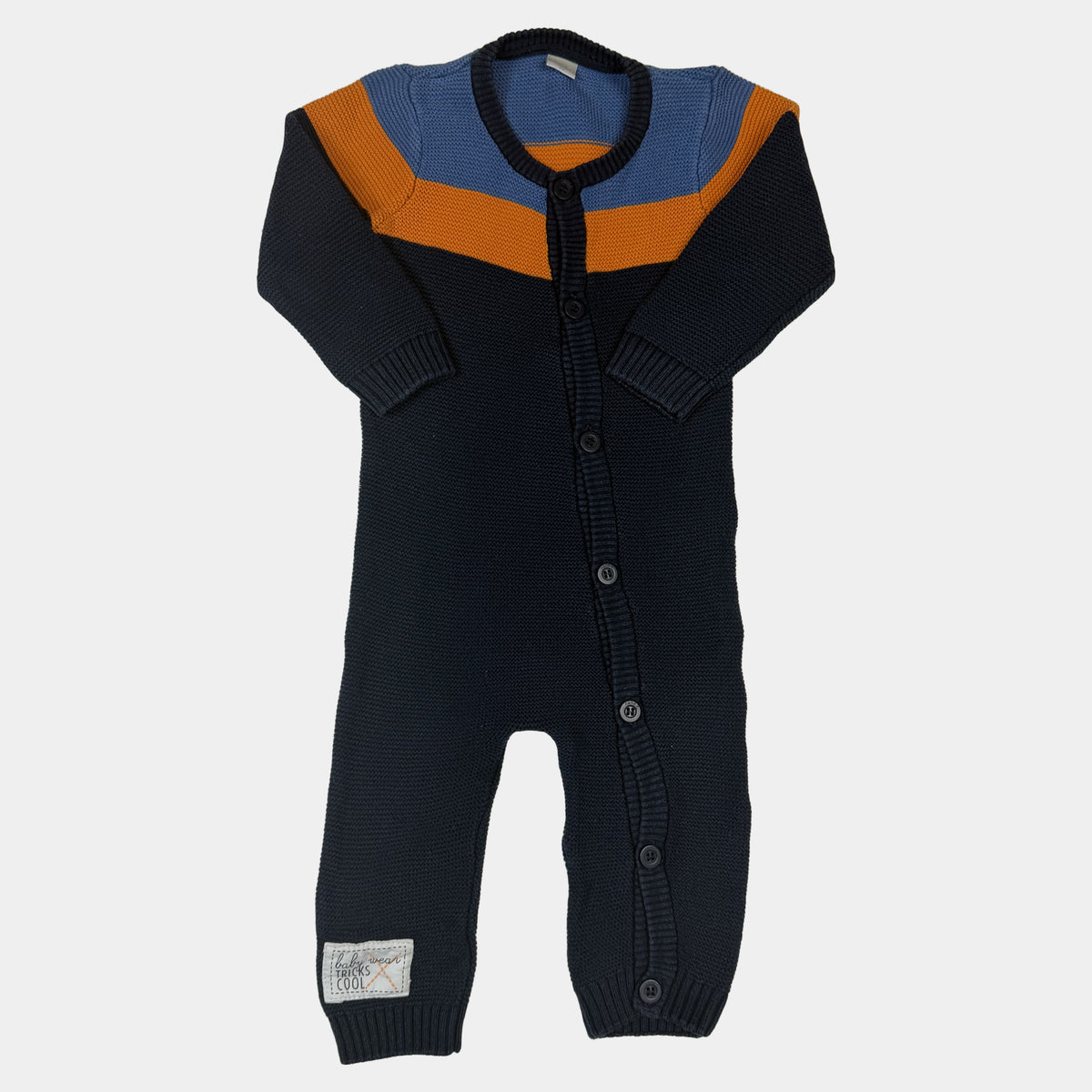Dunkelblauer Strick-Overall für Babys mit blau-orangen Streifen und Knopfleiste – front