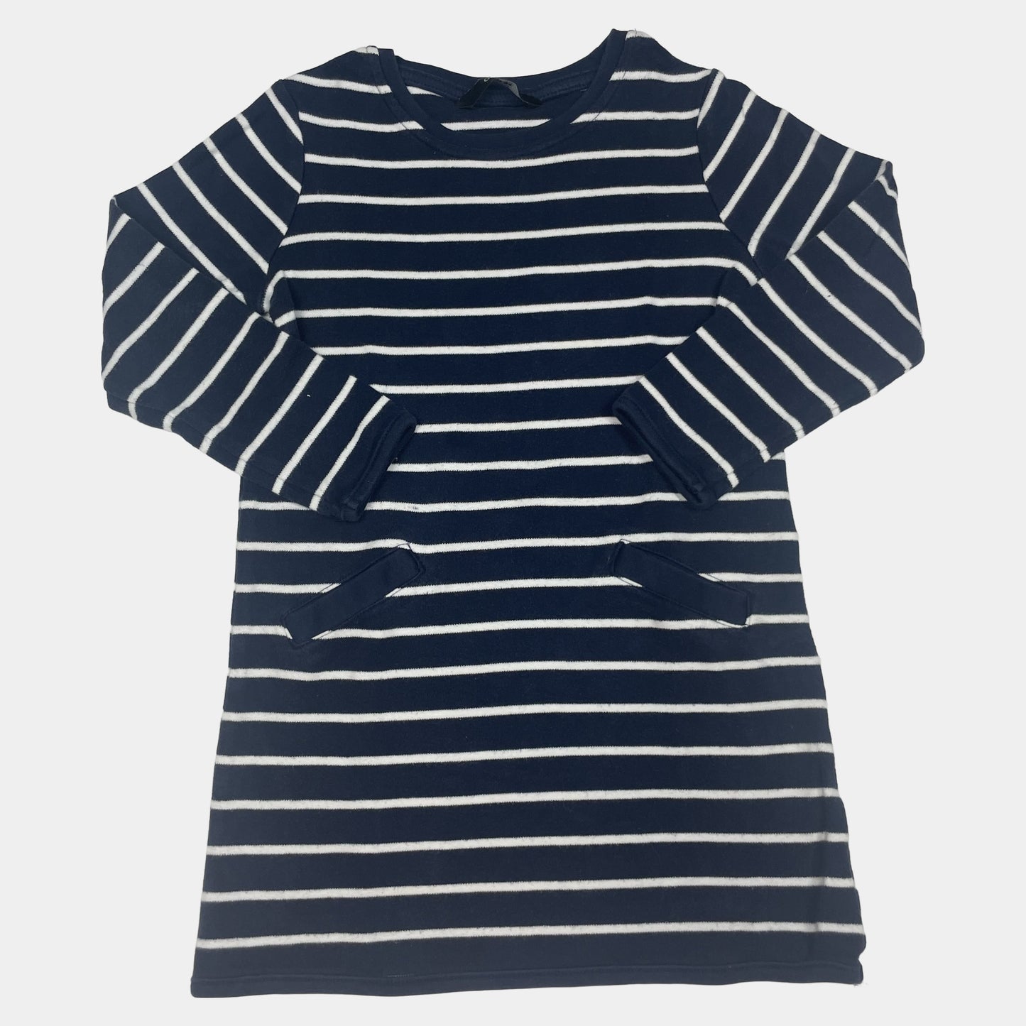 Blaues Kleid aus Baumwolle mit Streifenmuster und Eingrifftaschen – front