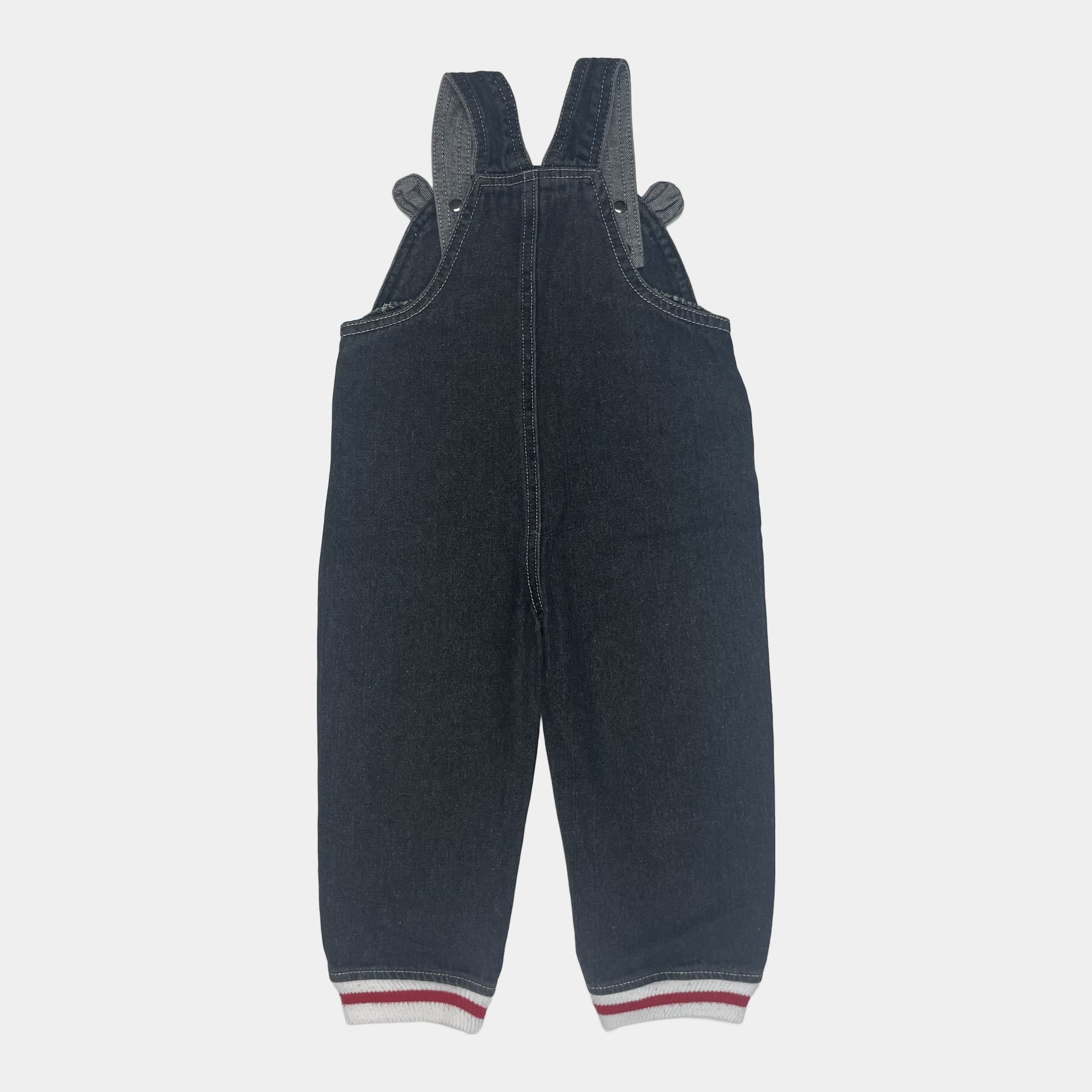 Grauer Denim-Overall mit Bärengesicht und roten Akzenten – back