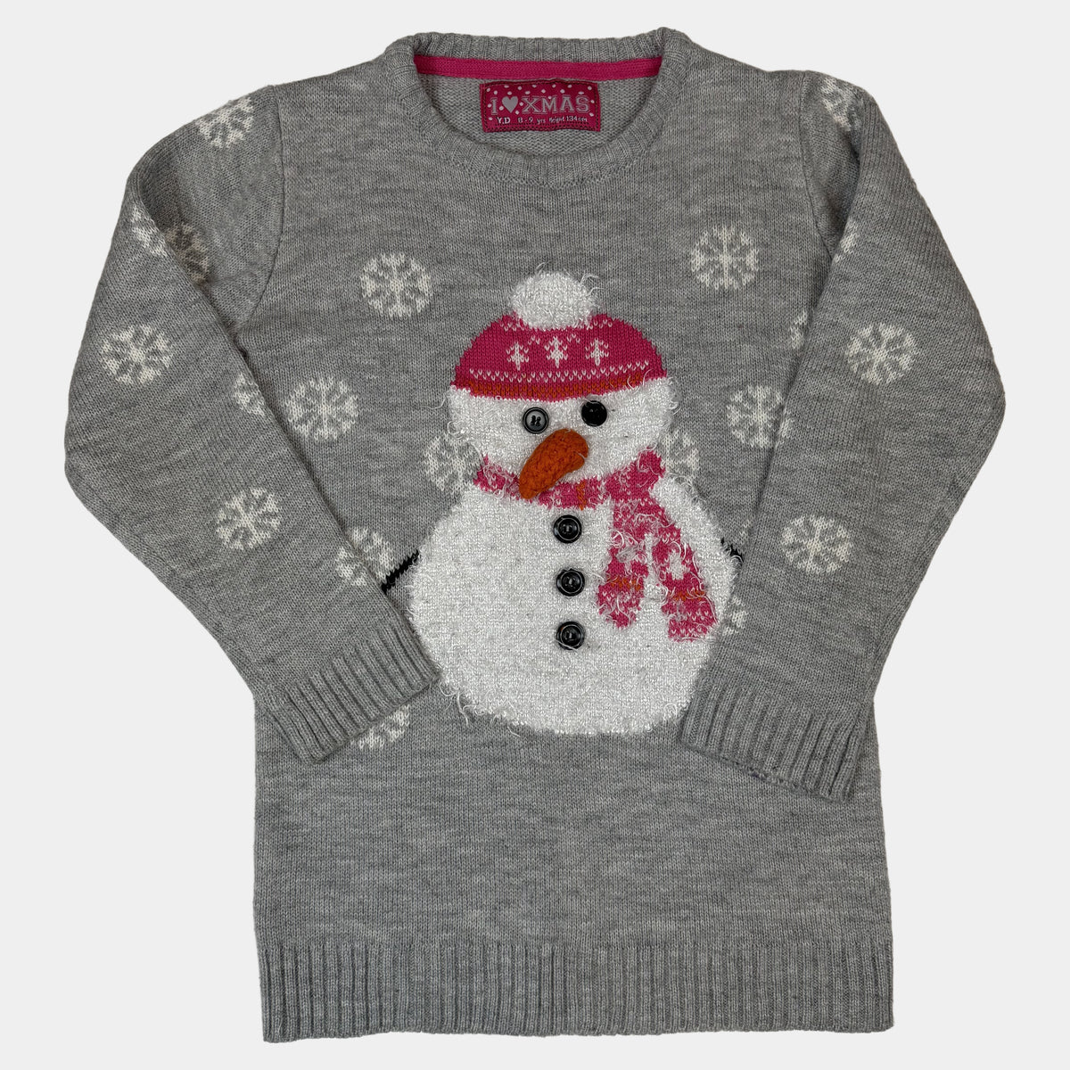 Grauer Kinder-Strickpullover mit Schneemann-Motiv und Schneeflocken – front