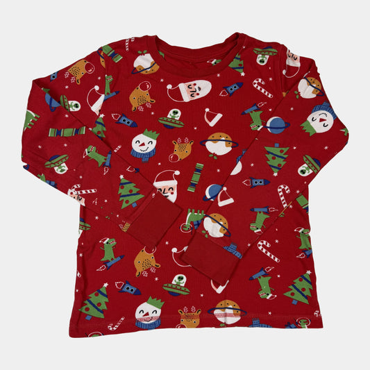 Rotes Kinder-Langarmshirt mit Weihnachtsmotiven und buntem Allover-Print – front
