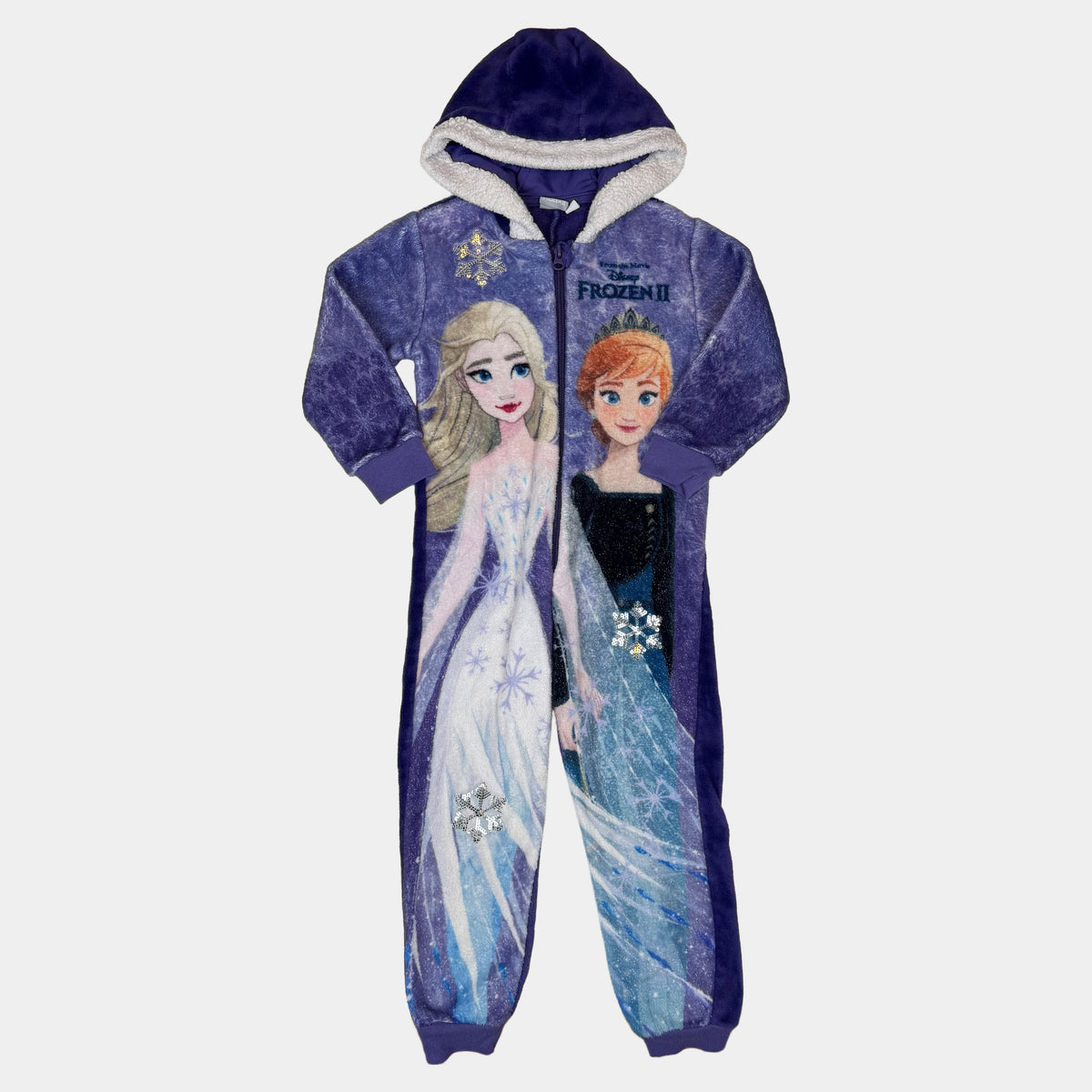Lila Fleece-Overall für Kinder mit Kapuze, Reißverschluss und Frozen II Motiv – front