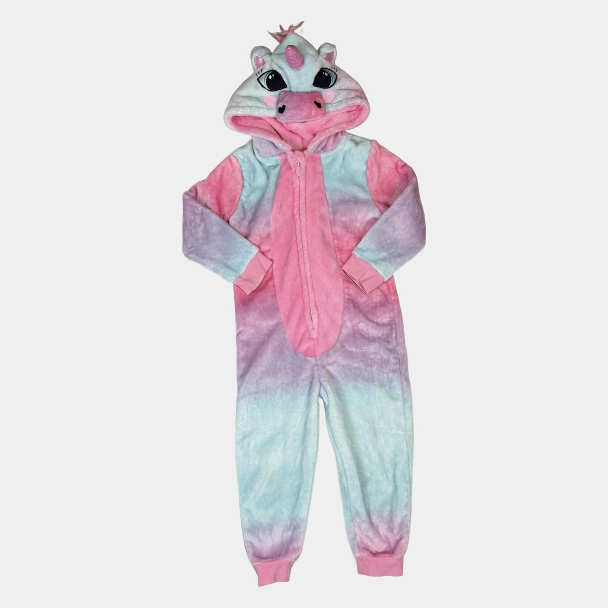 Mehrfarbiger Plüsch-Overall mit Einhorn-Kapuze und Reißverschluss in Rosa, Lila und Hellblau – front