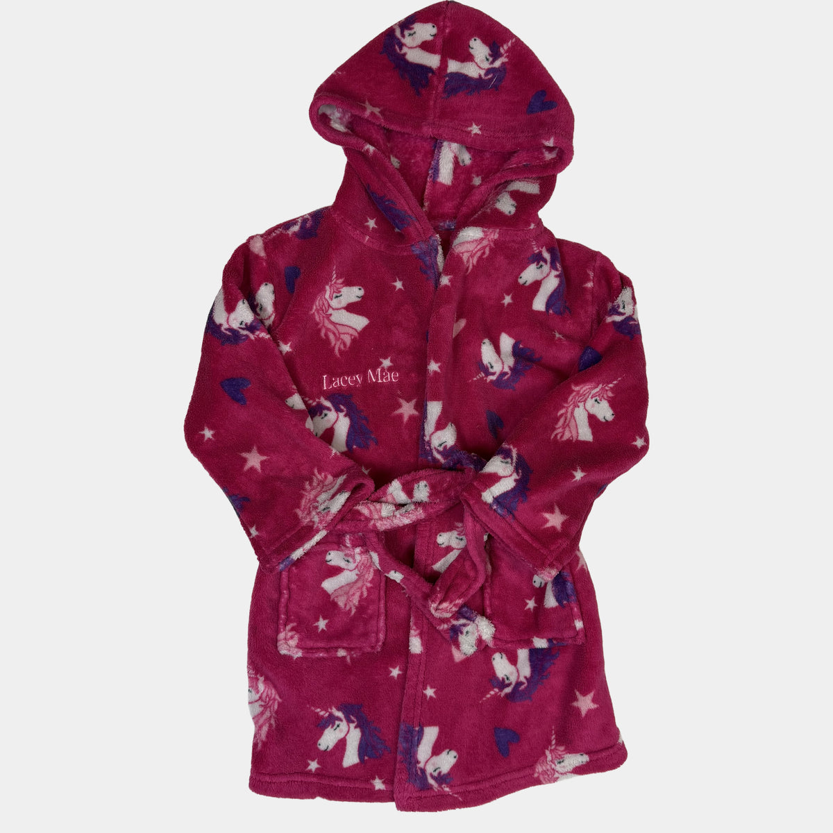 Pinkfarbener Fleece-Bademantel mit Kapuze, Einhorn-Print und Bindegürtel – front