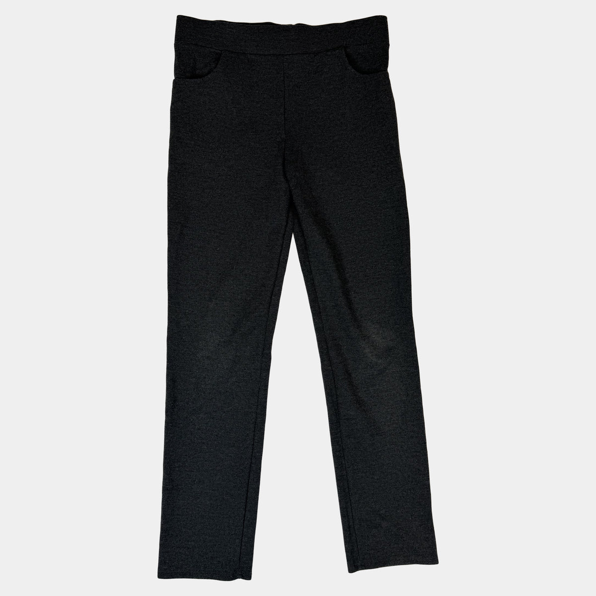 Graue Kinder-Leggings mit breitem Bund und Taschen vorn – front