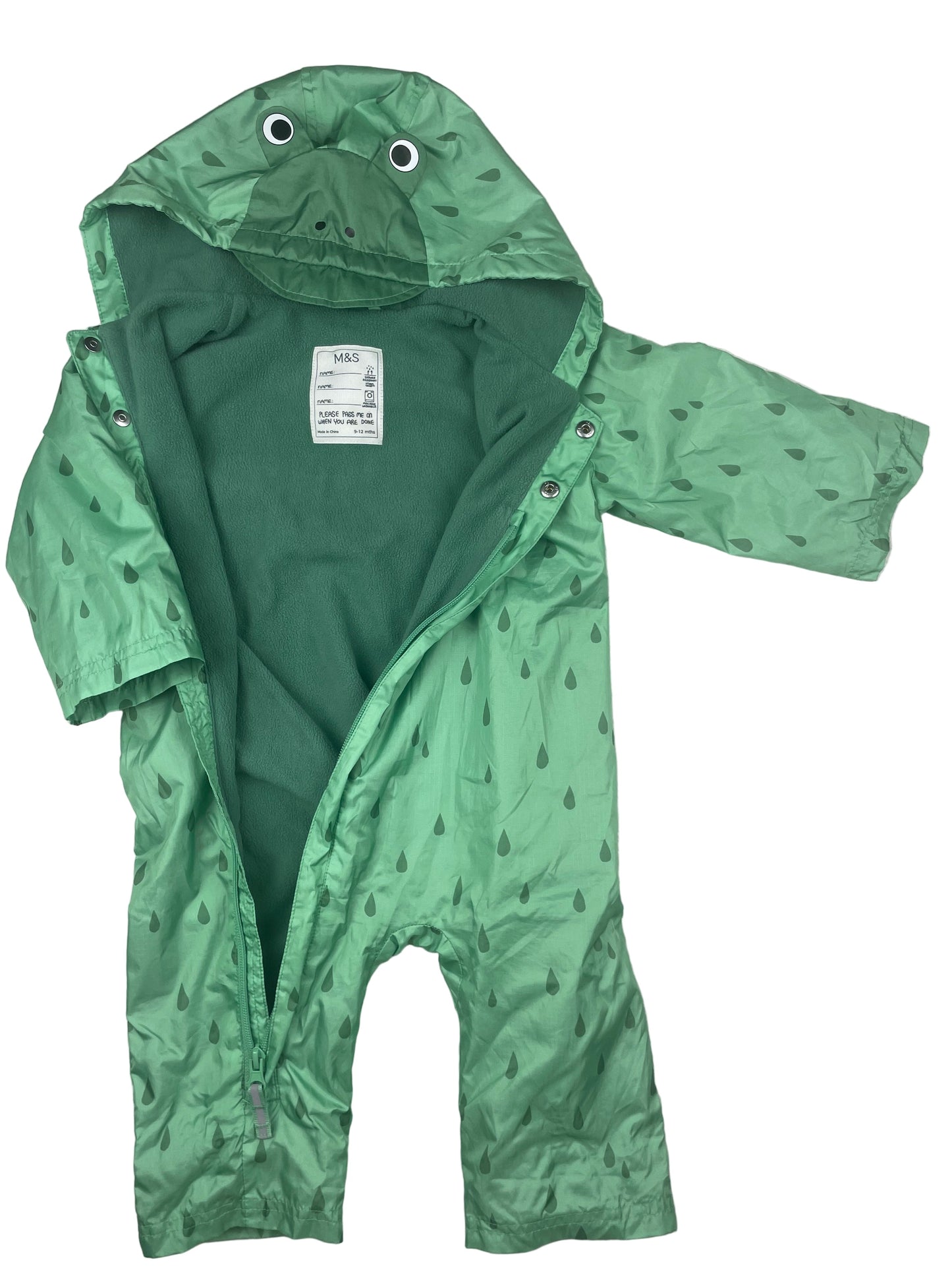 Grüner M&S Regenoverall mit Frosch-Kapuze, fleecegefüttert, Größe 9–12 Monate – inside