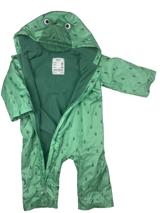 Grüner M&S Regenoverall mit Frosch-Kapuze, fleecegefüttert, Größe 9–12 Monate – inside