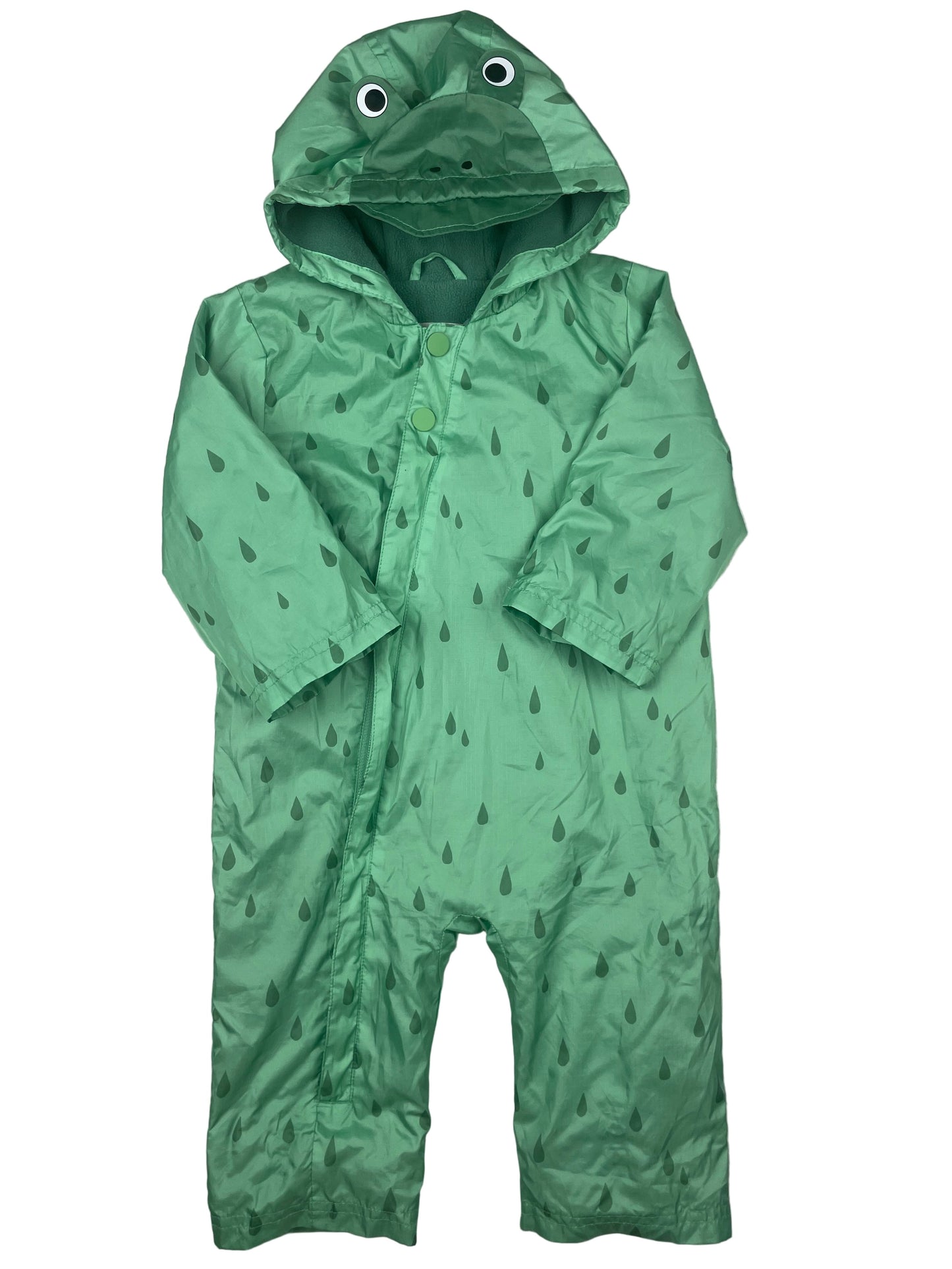Grüner M&S Regenoverall mit Frosch-Kapuze, fleecegefüttert, Größe 9–12 Monate – front