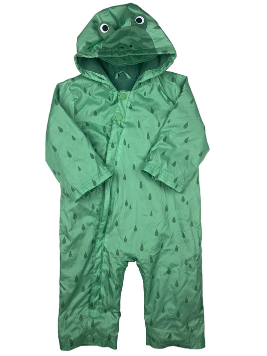 Grüner M&S Regenoverall mit Frosch-Kapuze, fleecegefüttert, Größe 9–12 Monate – front