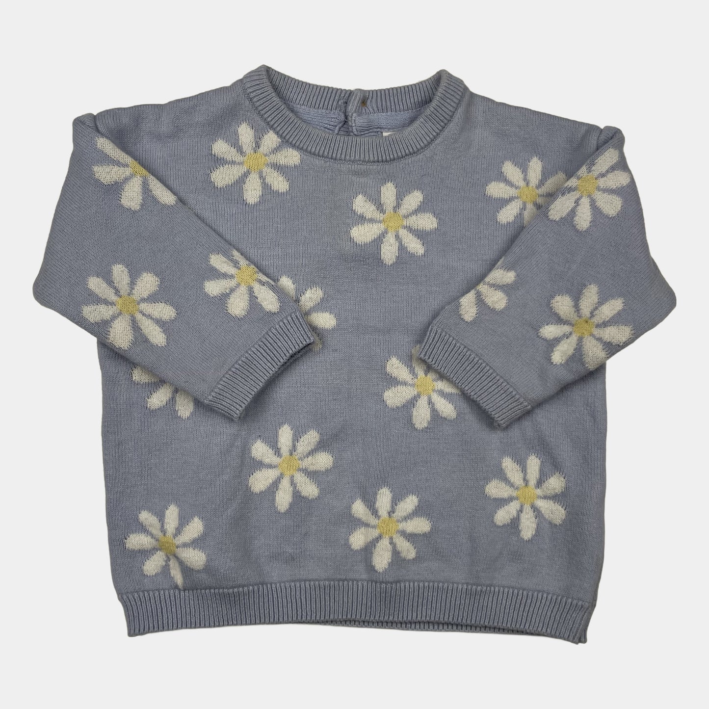 Blauer Baumwoll-Pullover mit Blumenmotiv und langen Ärmeln – front