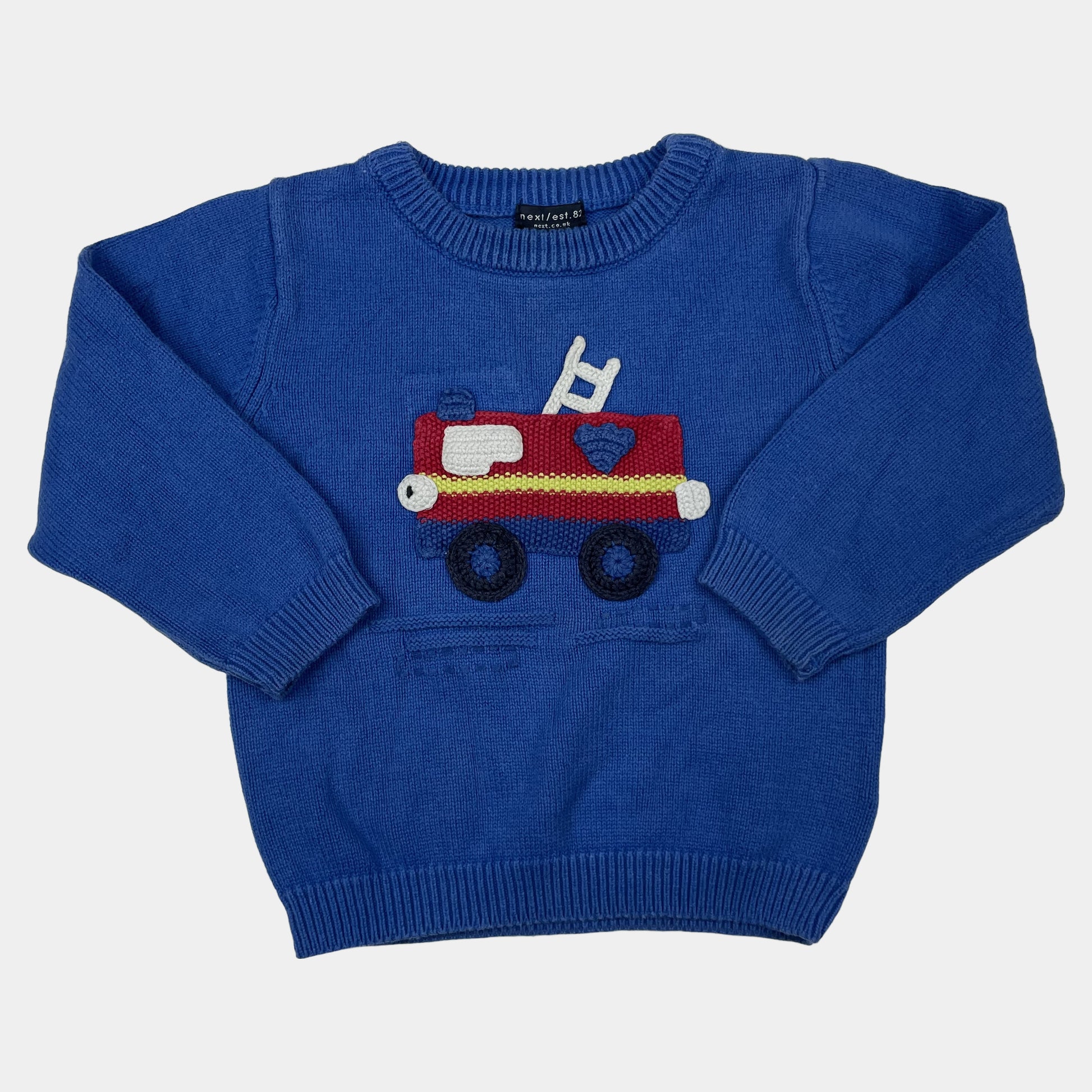 Blauer Pullover mit Feuerwehrauto-Motiv für Kinder – front