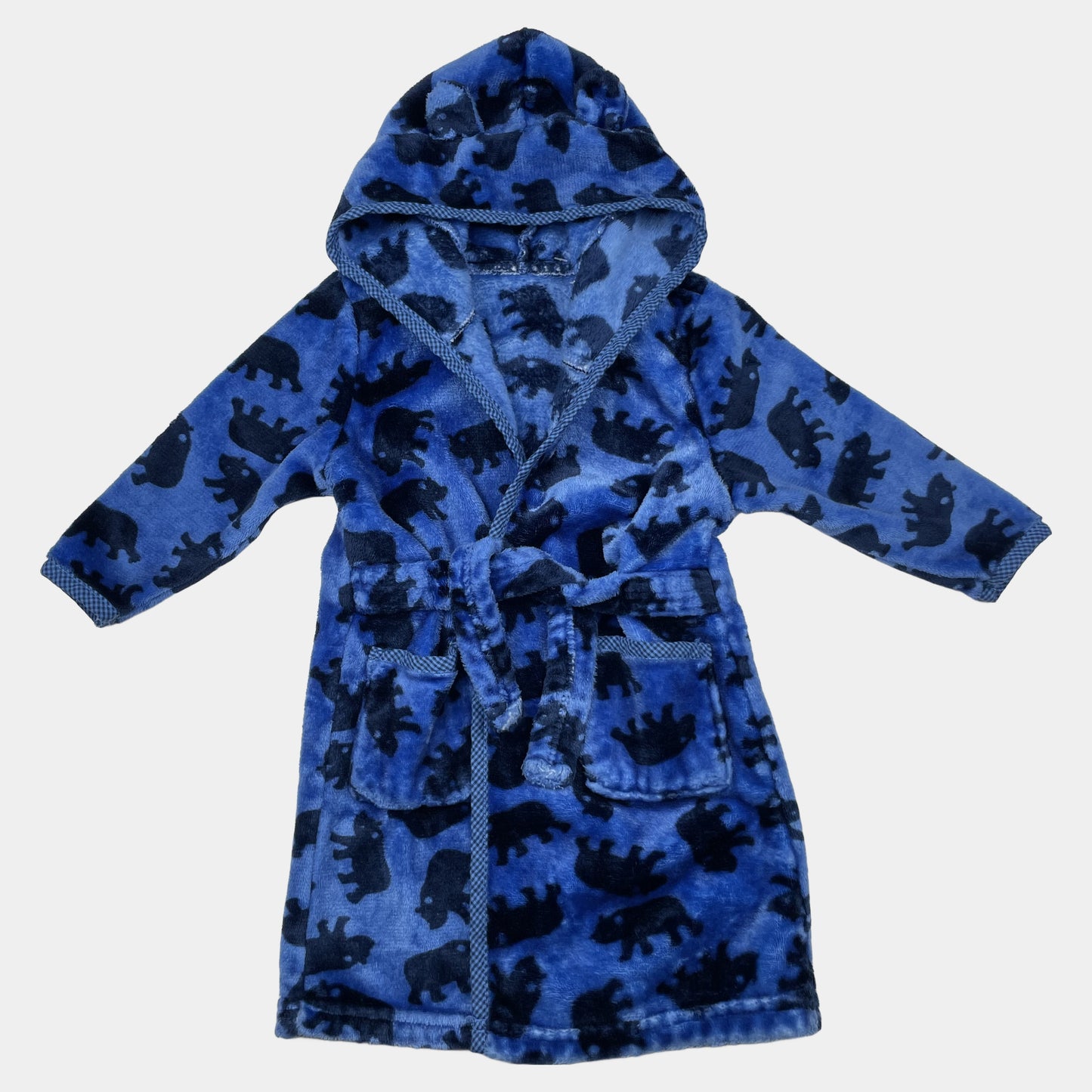 Blauer Fleece-Bademantel mit Bärenmuster und Kapuze, Größe 12–18 Monate – front