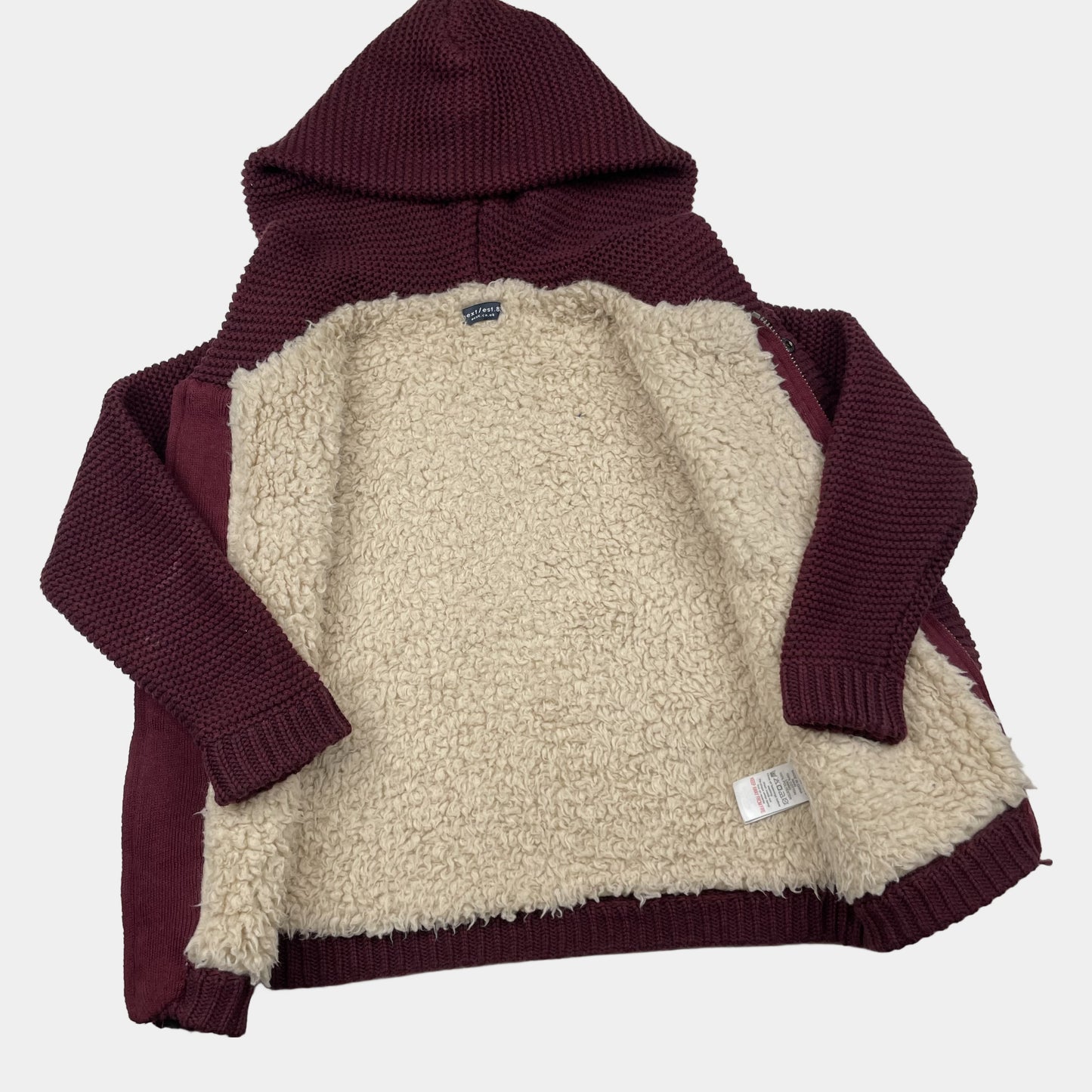 Bordeauxfarbene Kinder Strickjacke mit Kapuze und Taschen. – inside
