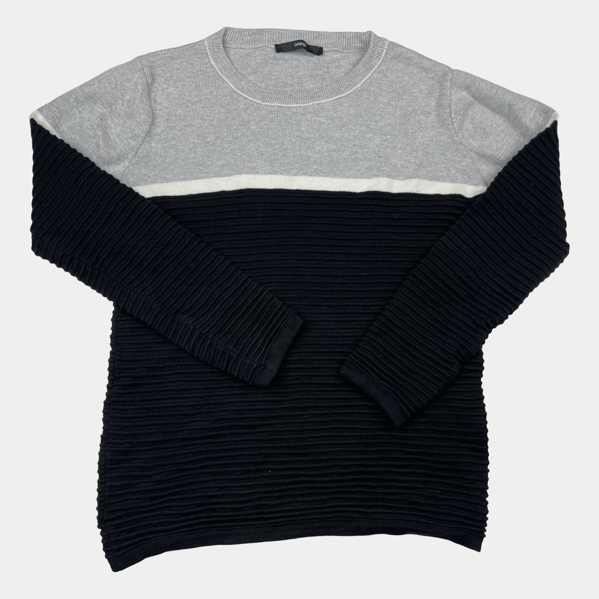 Grauer und schwarzer Pullover aus Baumwolle mit strukturierter Oberfläche und langen Ärmeln. – front