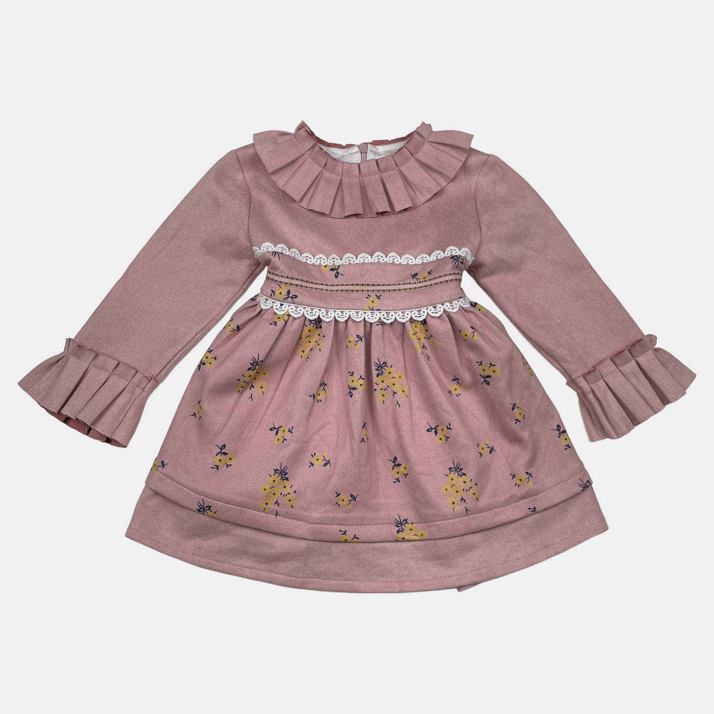 Rosa Kleid mit Blumenmuster und Rüschen für Mädchen – front