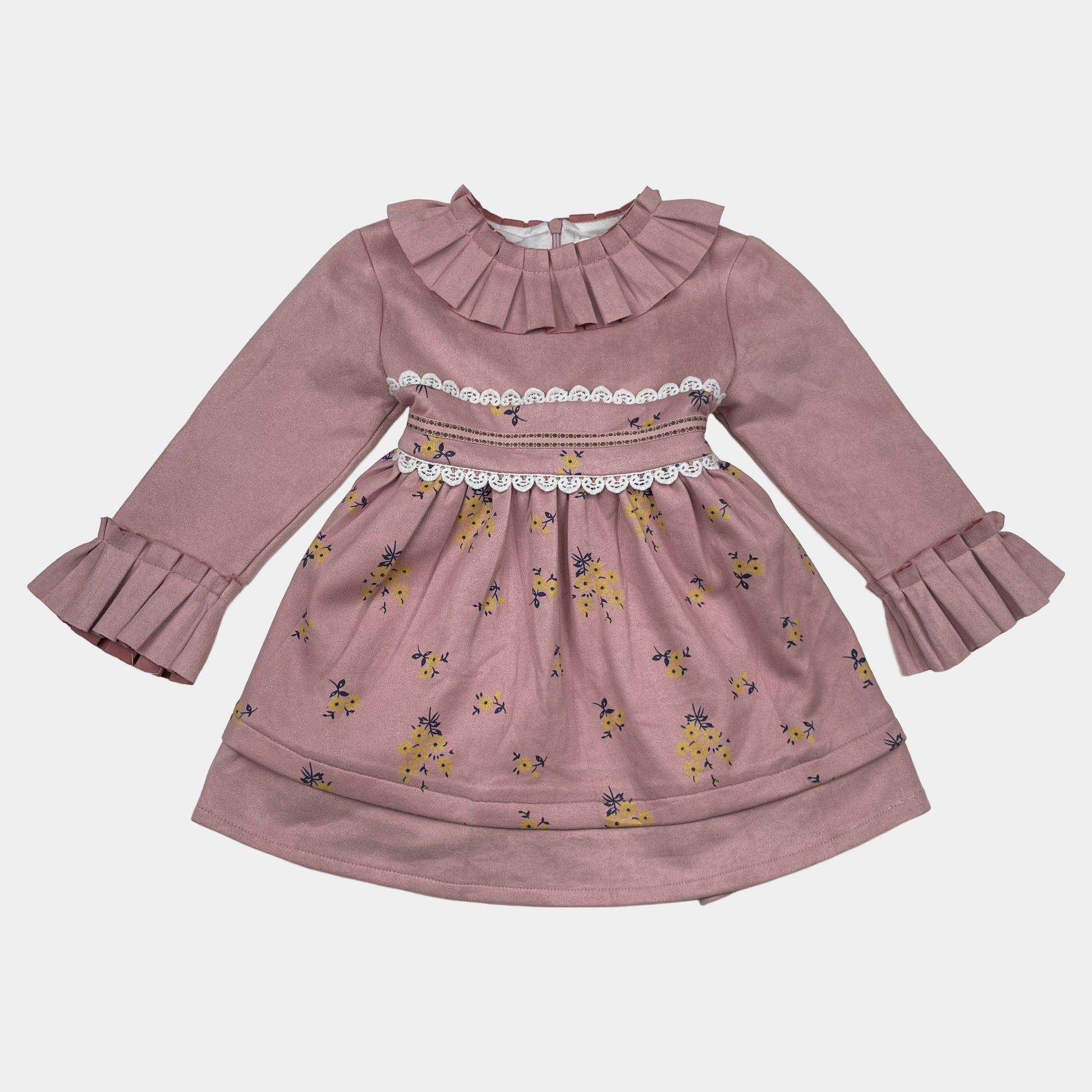 Rosa Kleid mit Blumenmuster und Rüschen für Mädchen – front