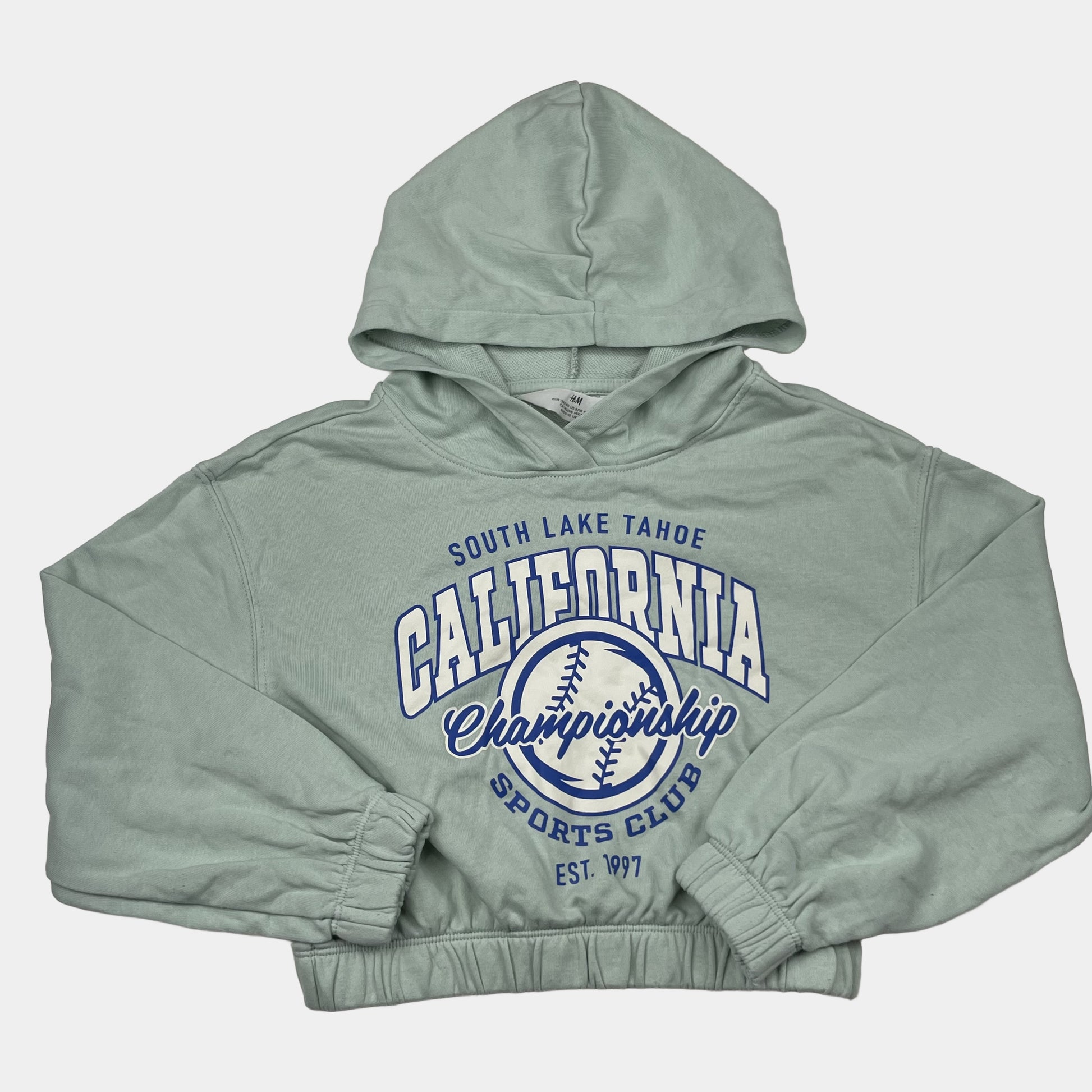 Grüner Kapuzenpullover mit Print von H&M, Größe 134/140 – front