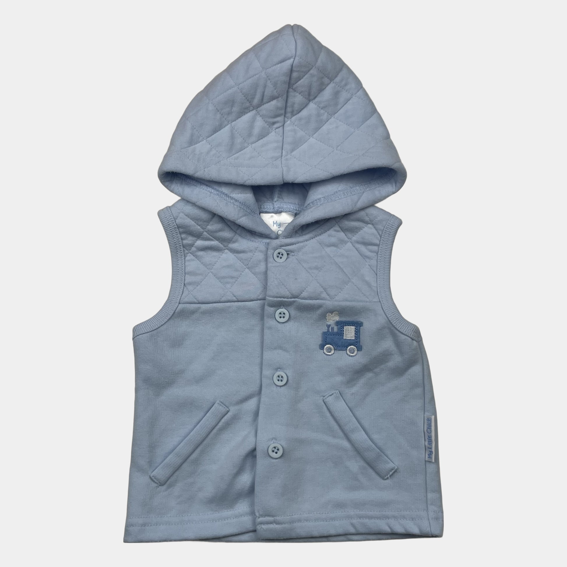 Blaue Polyester-Baumwoll-Weste mit Kapuze und gestepptem Design. – front